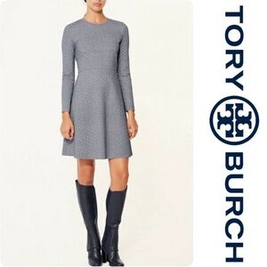 Tory Burch Corrine Dress in Ivory/Navy Blue Gemini links, Long Sleeve Dress